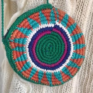 ‘90s Vintage Boho Green Mandala Knit Coin Purse with Long Strap 💜❤️💛💚🧡